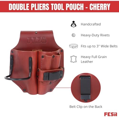 FESA Durable Leather Pliers Holster - Leather Double Plier Holder for Belt with Steel Hammer Holder, Tape Clip & 2 Carpenter's Pencil Pockets - Clip On Any Belt - Handcrafted