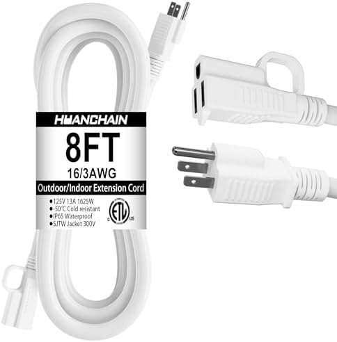 HUANCHAIN Indoor Outdoor White Extension Cord 8 FT Waterproof 16/3 Gauge