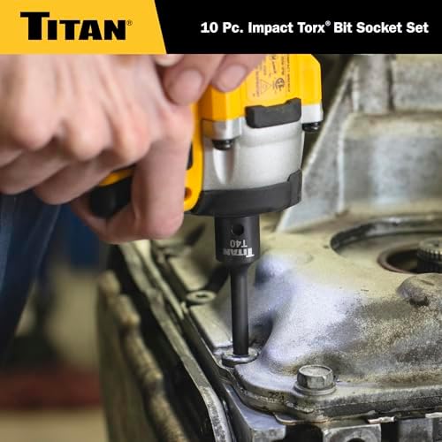 Titan 49007 10-Piece Impact Torx Bit Socket Set, Sizes T10 thru T50, S2 and 6150 Alloy Steel, Extra-long Design for Greater Reach and Access, Metal Storage Rail