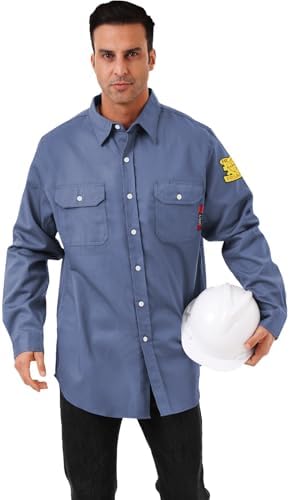 FR Shirts for Men 7oz Hi Vis Fire Resistant Shirts CAT2 Welding Shirt 100% Cotton Flame Resistant Shirt Light Blue(Large)