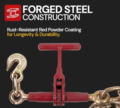 5/16" - 3/8" Durabilt T-Handle Ratchet Chain Binder with 6' Chain Extension & Grab Hooks - 7,100 lbs WLL Heavy Duty Tie Down Hauling Load Chain Binders for Flatbed Trailer
