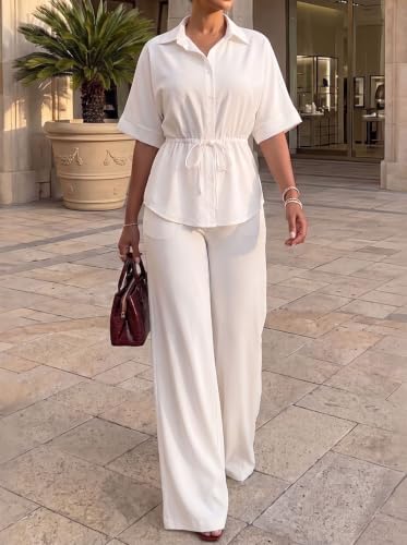 Two Piece Sets for Women Dressy Shirt Top Flared Pants Business Pantsuits
