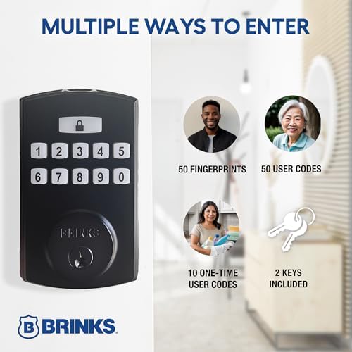 Brinks Fingerprint Door Lock with Lever – Keyless Entry Biometric Lock, Electronic Keypad Fingerprint Deadbolt with Auto-Locking, Front Door Lock and Interior Lever Set, Easy Installation, Matte Black
