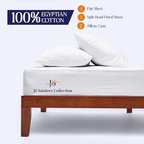 JS Sanders Collection 600TC Flex Top Queen Sheets for Sleep Number Bed - 100% Cotton 4 Pcs Top Split Queen Sheets for Adjustable Bed Queen 30 Inch Down White -18 Inch Deep