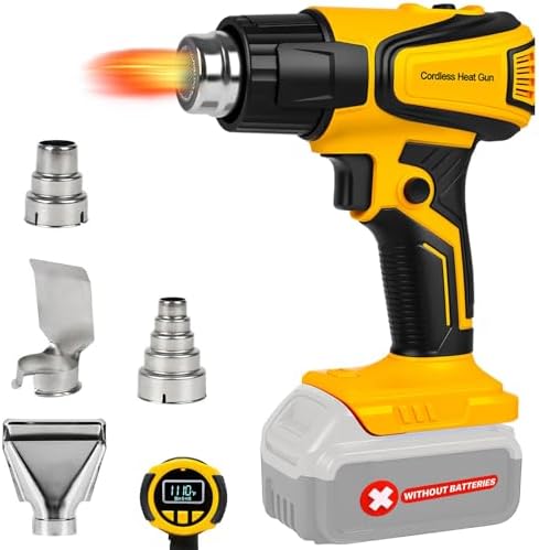 Cordless Heat Gun Compatible with Dewalt 20V Battery 350W Fast Heating 2-Temp Setting120℉-1110℉ Portable Hot Air Gun with LCD Display 4Nozzle for DIY shrink wrapping (Tool Only, Not Made by Dewalt)