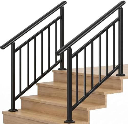 Hand Rails for Outdoor Steps，Stair Handrail & Indoor Stair Railing Kit，Railings for Outdoor Steps for Fence & Outdoor Steps (2, Black-with Balusters, 4 Step)