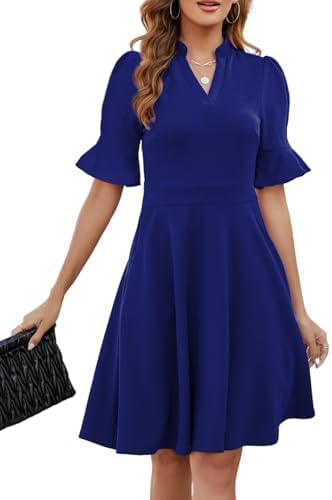 Mokayee Womens Summer V Neck Ruffle Short Sleeve Fit and Flare Knee Length Church Wedding Guest Dresses with Pockets