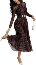 GothDark Polka dot Dress for Women Tie Neck Bow Ruffle Fall Vintage Dress