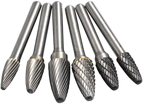 6Pcs Single Double Burrs set Pointed Tree Solid Carbide Burrs Heavy Duty Grinding Cutting Heads Chamfering Abrasion Industrial Deburring Rotary Tools for Steels Curved surfaces Slots Holes