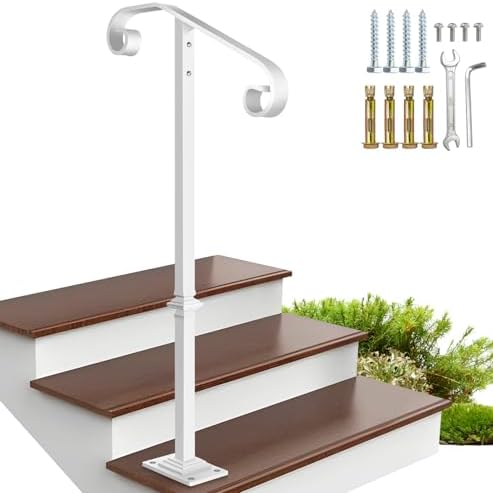 Handrail Railing, Single Post Handrail Fits 1 or 2 Steps, Sturdy Outdoor Stair Railing for Concrete&Wooden Steps with Base, Wrought Iron Stair Handrails, Grab Rail for Steps Porch, White | 38.8" Handrail Railing for Concrete&Wooden Steps with Base, Gra...