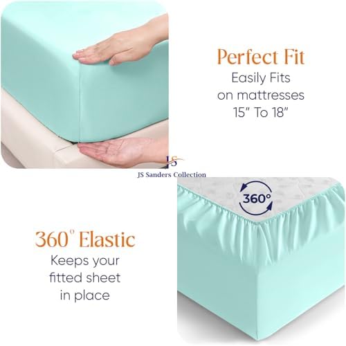 JS Sanders Collection 600TC Flex Top Queen Sheets for Sleep Number Bed - 100% Cotton 4 Pcs Top Split Queen Sheets for Adjustable Bed Queen 36 Inch Down Aqua Blue -18 Inch Deep
