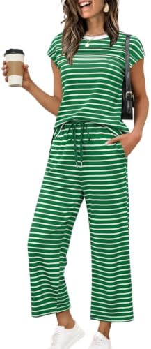 WIHOLL Two Piece Sets for Women Summer Spring Travel Vacation Outfits Cap Sleeve Lounge Matching Sets Wide Leg Pants S-3XL