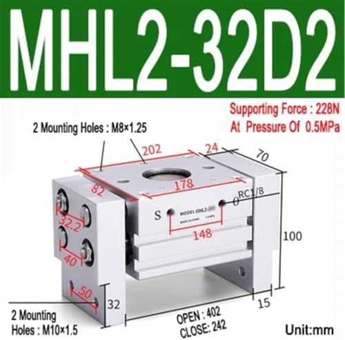 1pcs MHL2 10D 16D 20D 25D 32D 40D 1 2 Pneumatic Gripper Wide Type Air Parallel Cylinder Al Clamps Replacement T Bore 10-40mm(MHL2-32D2)