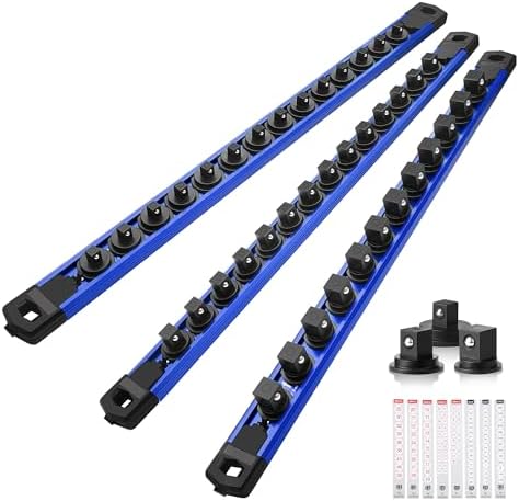 Reniteco Magnetic Socket Organizer Set, 3-Piece 1/2" 3/8" 1/4" Drive Aluminum Alloy Socket Holder with 40PC 360° Swivel Removable Clips, Magnetic Socket Rail for Tool Box Drawer, Blue
