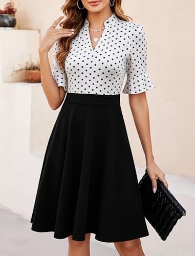 Mokayee Womens Summer V Neck Ruffle Short Sleeve Fit and Flare Knee Length Church Wedding Guest Dresses with Pockets