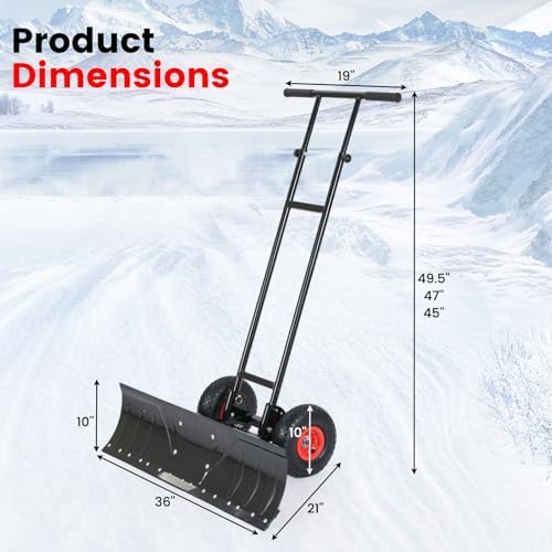 GYMAX Snow Shovel, Wheeled Pusher with 10” Pneumatic Rubber Wheels, 36” Wide Blade, Adjustable Height, Anti-Slip Handle, Heavy Duty Ergonomic Shovel for Driveway, Sidewalk, Pavement Snow Removal