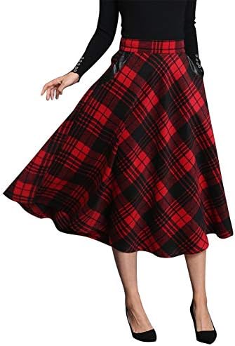 IDEALSANXUN Womens Plaid Wool Skirts Elastic Waist A-Line Pleated Tartan Long Skirts