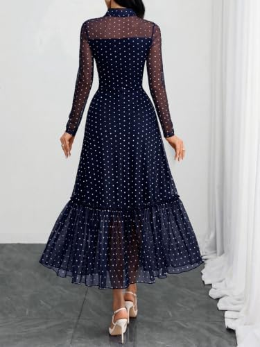 GothDark Polka dot Dress for Women Tie Neck Bow Ruffle Fall Vintage Dress