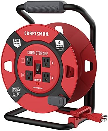 CRAFTSMAN Retractable Extension Cord Reel, 4 Outlets, Cable Management