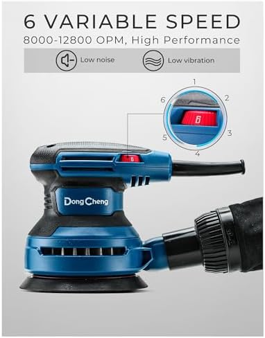 Dong Cheng 5-Inch Random Orbital Sander 380W 12800OPM Electric Palm Sander, 6 Variable Speeds, with 20pcs Sandpaper & Detachable Dust Bag, Power Sander for Woodworking, Sanding & Polishing (Renewed)