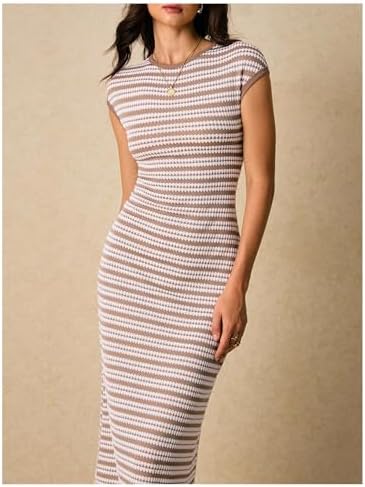 SOLY HUX Women's Striped Midi Dress Casual Work Knit Bodycon Summer Dresses