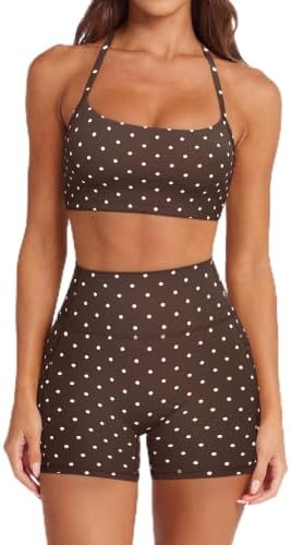 SUUKSESS Women 2 Piece Workout Sets Padded Halter Sports Bras High Waisted Biker Shorts with Pockets