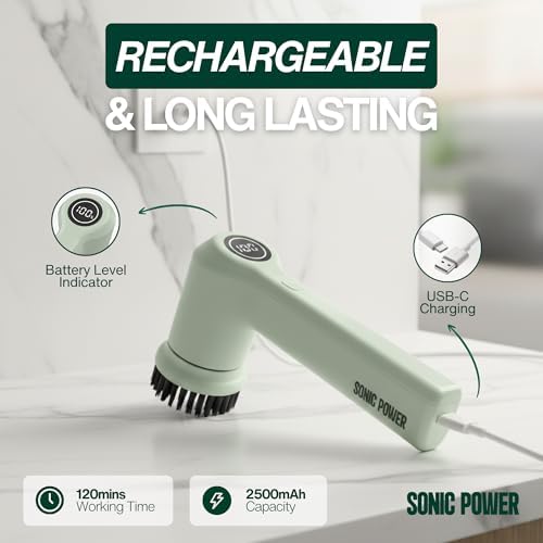 SonicPower Electric Spin Scrubber – Handheld & Ergonomic, IPX7 Waterproof, 4 Multi-Purpose Brush Heads, Long-Lasting Rechargeable Battery – Cleans Dishes, Bathroom, Tile, Grout & Kitchen (Sage)