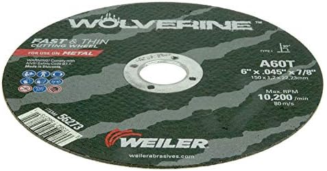 Weiler 56273 6 Inch Cutting Wheel, Wolverine AO Steel/Metal Fast Cutting, .045" A60T Type 1 7/8" Arbor, Pack of 25