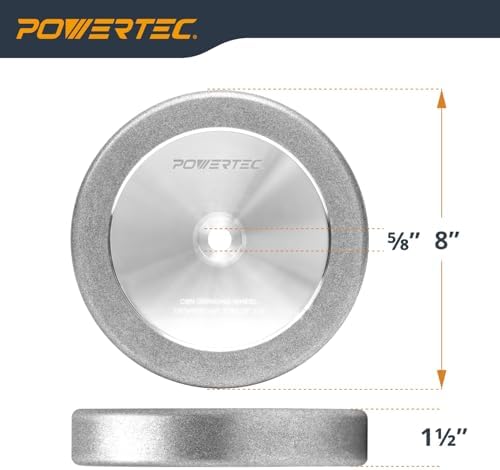 POWERTEC CBN Grinding Wheel 8 Inch 80 Grit, 1-1/2" Wide, 5/8" Arbor – 4-in-1 CBN Sharpening Wheel with 1/4" Radius Edge and Side Face for Bench Grinder (15707)