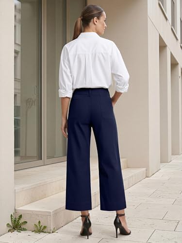MOHHOM Women’s High Waisted Wide Leg Cropped Pants Stretchy Business Casual Work Pants with Pockets
