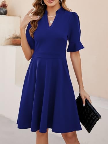 Mokayee Womens Summer V Neck Ruffle Short Sleeve Fit and Flare Knee Length Church Wedding Guest Dresses with Pockets