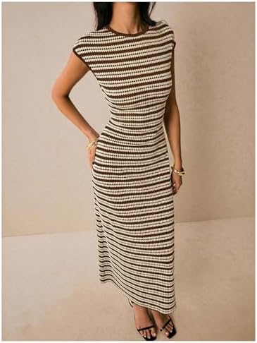 SOLY HUX Women's Striped Midi Dress Casual Work Knit Bodycon Summer Dresses