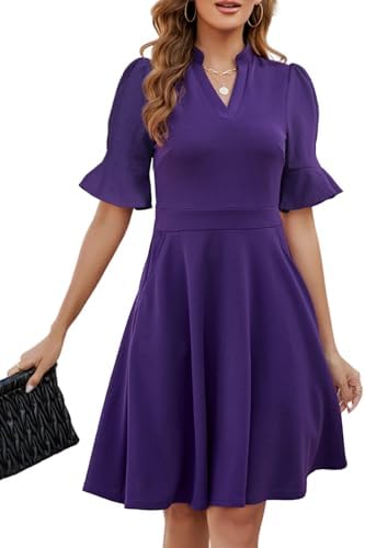 Mokayee Womens Summer V Neck Ruffle Short Sleeve Fit and Flare Knee Length Church Wedding Guest Dresses with Pockets