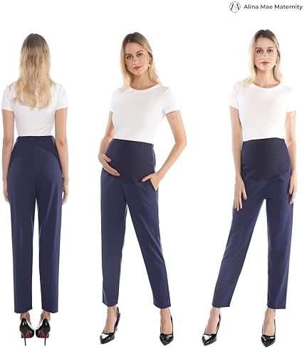 Maternity Pants Work Over The Belly with Pockets, Womens Pregnancy Dress Pants Office Clothes Trousers Stretch Summer