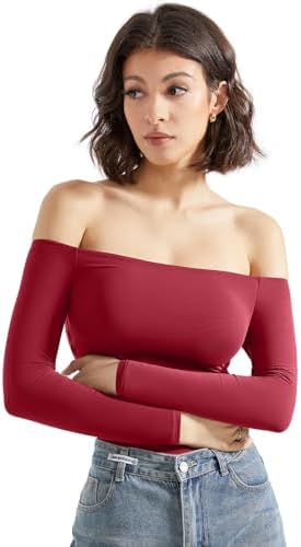 SUUKSESS Women Off Shoulder Long Sleeve Bodysuits Double Lined Basic Tops