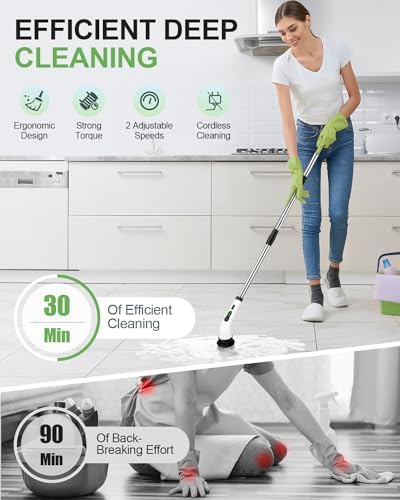 Electric Spin Scrubber, Cordless Cleaning Brush, Shower Scrubber with 8 Brush Heads 2H Power Dual Speed, Adjustable Extension Handle, IPX7 Waterproof for Tub Tile Car Floor Polishers, PA-25.