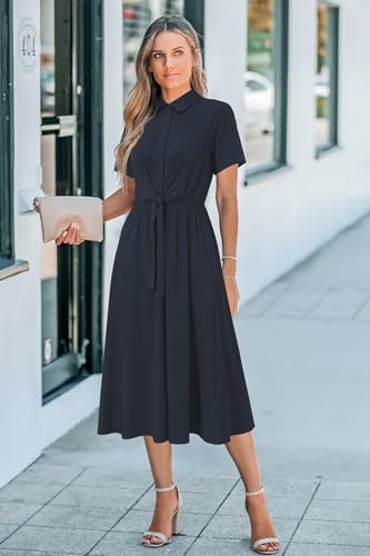 Newshows Women's Work Business Casual Outfits Tie Waist Midi Shirt Dress