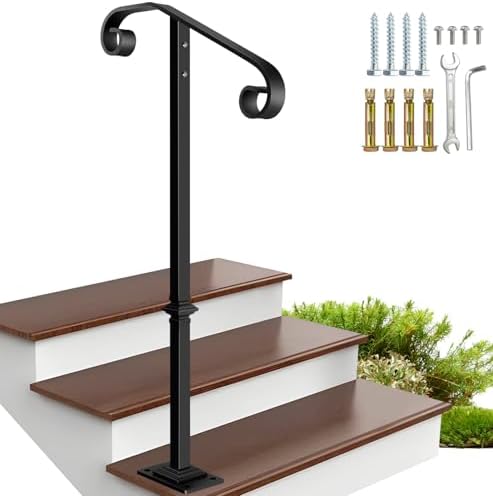 Handrail Railing, Single Post Handrail, Sturdy Outdoor Handrails with Base, Wrought Iron Stair Handrail Fits 1 or 2 Steps, Grab Rail for Steps Porch, Black | Wrought Iron Stair Handrail, Grab Rail for Steps Porch, Sturdy Outdoor Handrails with Base, Black