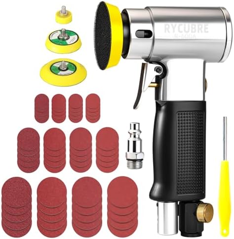 3 Inch Orbital Sander, Air Sander with 1/2/3 Inch Sanding Pads - 60PCS Sandpapers Included, Mini DA Sander for Woodworking, Car Polishing, DIY Projects (1/4 inch Air Inlet)