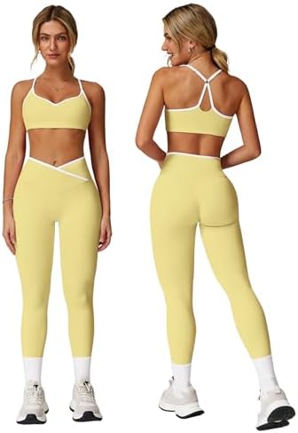 ABOCIW Workout Sets for Women 2 Piece Color Block Strappy Sports Bra High Waist Shorts Gym Yoga Pilates Outfits