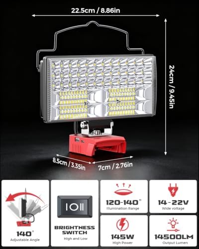 Cordless LED Work Light Compatible with Milwaukee 18V Battery - Flood Construction Light Emergency Portable for Work Shop | Car Repair | Outdoor - 145W 14500Lumen with USB & Type-C(Tool Only)