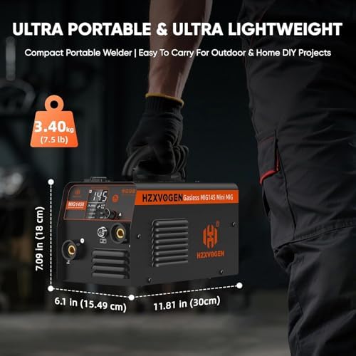 H HZXVOGEN 145A MIG Welder, 110V/220V Gasless MIG Welder Welding Machine, 3-in-1 Flux Core MIG/ARC/Lift TIG, Synergic Control, IGBT Inverter, LED Display