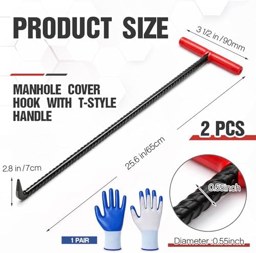 Gisafai 2 Pack 24 Inch Manhole Cover Hook with T Handle and Gloves Heavy Duty Steel Sewer Tool for Manhole Covers, Storm Drains, Septic Lids, Multi Purpose Lifting and Removal Kit