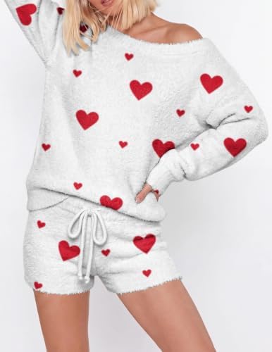 Ekouaer Fuzzy Fleece Pajamas 2 Piece Warm Soft Lounge Set Long Sleeve Sweater Top and Shorts Loungewear Outfits Sweatsuits