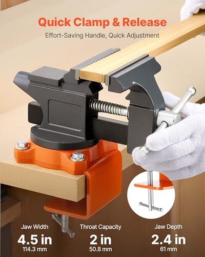 VEVOR Bench Vise, 4.5 Inch, Portable Workbench Vice with 270° Swivel Base, Quick Release Rotating Bench Clamp, Cast Iron Construction, for Woodworking, Metalworking, Drilling, Sawing, Cutting Conduit