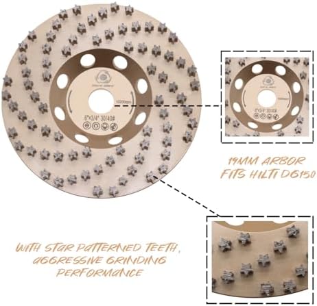 6" ComeFloor Diamond Grinding Cup Wheel for Concrete & Masonry, 77 Aggressive Star Segments, 30/40 Grit, 19mm Arbor Hilti DG150