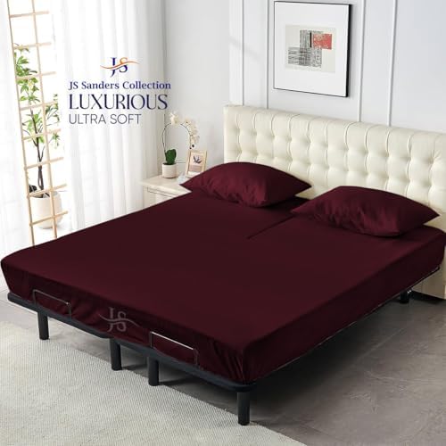 JS Sanders Collection 600TC Flex Top Queen Sheets for Sleep Number Bed - 100% Cotton 4 Pcs Top Split Queen Sheets for Adjustable Bed Queen 36 Inch Down Wine -18 Inch Deep