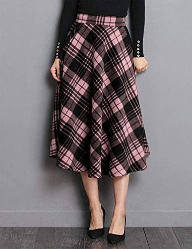 IDEALSANXUN Womens Plaid Wool Skirts Elastic Waist A-Line Pleated Tartan Long Skirts