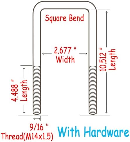 Square U-Bolts M14 x 1.5 Thread, Fits 2.5" Leaf Springs, Approx. 10.5" Inside Length W/Hardware