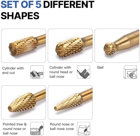 HUHAO 5Pcs Carbide Burr Set 1/4 Shank Die Grinder Bits Rotary Tools Attachment Kit Rasp File Accessories Metal Wood Stone Steel Grinding Deburring Cutting Porting Carving